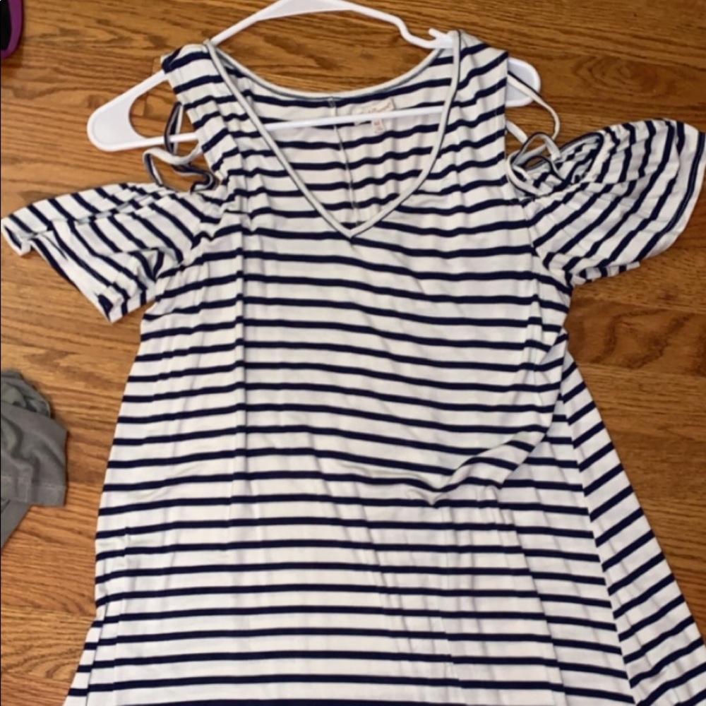 navy blue and white striped dress